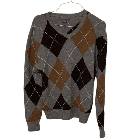 Daniel Cremieux Gray Argyle Cashmere Knit Sweater Mens Size Medium Winter Preppy - Picture 1 of 9